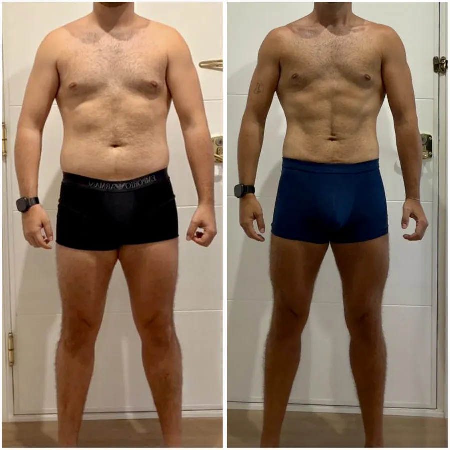 Antes y después de un cliente que perdió 12 kg y 20 cm de cintura